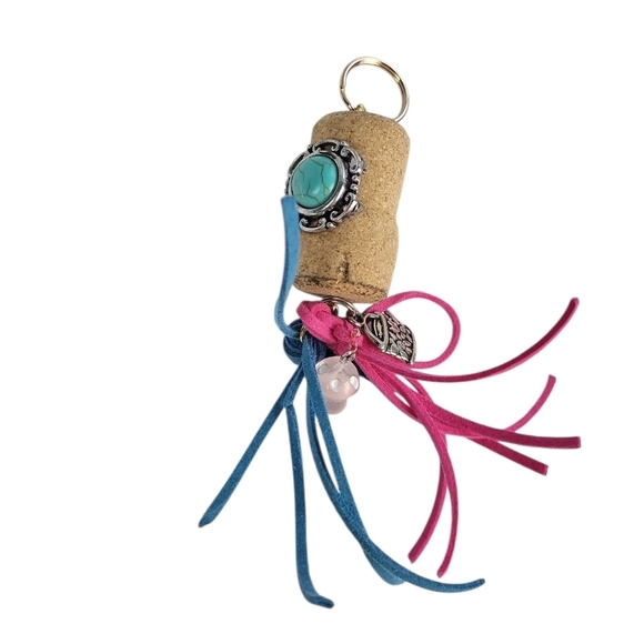 Gold Plated Cork Keychain Faux Turquoise Faux Leather Tassels - Picture 4 of 5